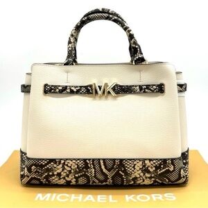 Michael Kors Reed Large Belted Satchel Crossbody Bag Light Cream Snakeskin